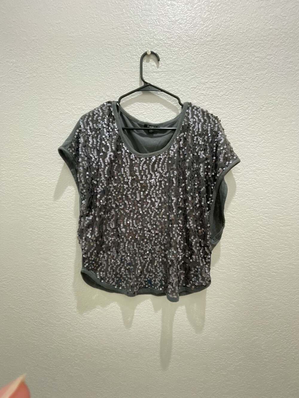 Rhapsody Gray Sequin Front Short Sleeve Scoop Neck Top